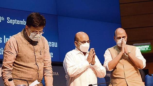 Defence minister Rajnath Singh with other cabinet ministers during a press conference on farm bills in New Delhi.