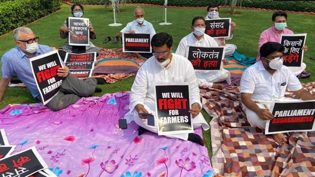The eight suspended Rajya Sabha MPs stage protest in Parliament premises on Monday. (ANI Photo) The eight suspended Rajya Sabha MPs stage protest in Parliament premises on Monday. (ANI Photo)