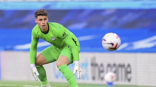 Chelsea's goalkeeper Kepa Arrizabalaga looks the ball during the English Premier League soccer match between Chelsea and Liverpool at Stamford Bridge Stadium.(AP)