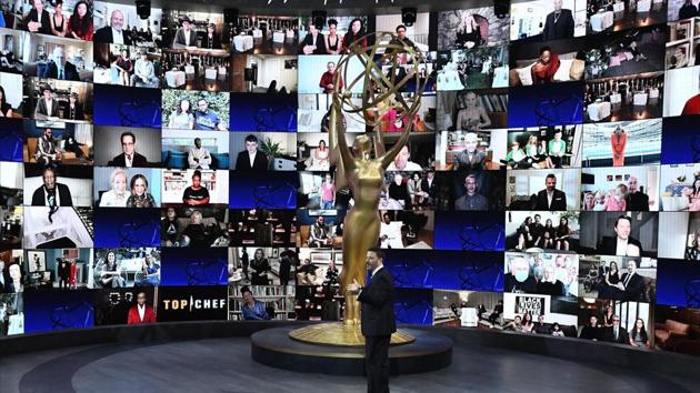Host Jimmy Kimmel in front of a wall of nominees watching remotely at the Staples Center in Los Angeles during the 72nd Primetime Emmy Awards ceremony on September 20. The ceremony, which was forced to make major changes due to the coronavirus pandemic, brought Hollywood television stars together, distantly, through a giant Zoom call. (Image Group LA / American Broadcasting Companies, Inc. / ABC / AFP)
