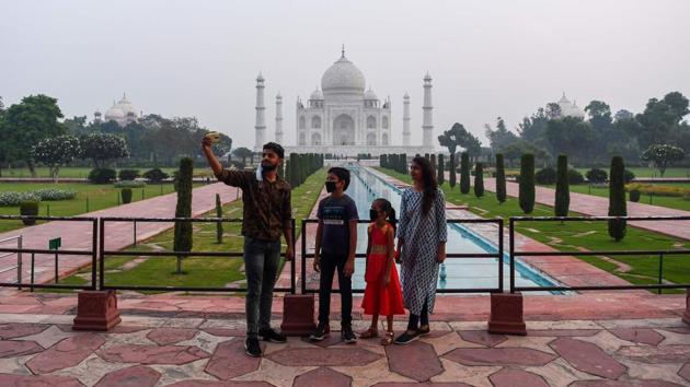 The Taj Mahal reopened to visitors on September 21 in a symbolic business-as-usual gesture even as India looks set to overtake the US as the global leader in coronavirus infections. The monument was closed on March 17 after all heritage monuments protected under the Archaeological Survey of India (ASI) stopped public admission under the union ministry of culture’s directives. (Sajjad Hussain / AFP)