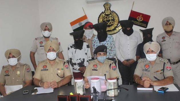 Cops addressing the media after the arrest of the accused in Ludhiana on Monday. (Gurpreet Singh/HT) Cops addressing the media after the arrest of the accused in Ludhiana on Monday. (Gurpreet Singh/HT)