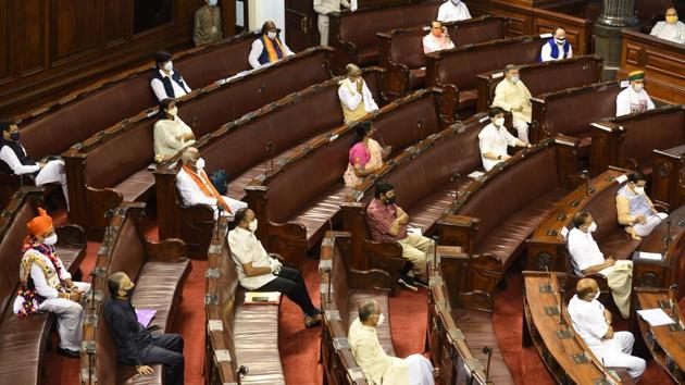 Newly elected Members of Rajya Sabha maintain social distance during the oath ceremony at the Parliament House in New Delhi on July 22, 2020. (Photo by Arvind Yadav/ Hindustan Times)