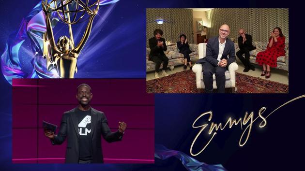 Sterling K. Brown presents the Emmy for Outstanding Drama Series to Jesse Armstrong (C), and the team from ‘Succession’ during the telecast. The show was honoured as best drama series, and creator Jesse Armstrong used the opportunity to offer “un-thank-yous,” including to President Donald Trump for what Armstrong called his “crummy and uncoordinated” response to the pandemic. (Invision for the Television Academy / AP)