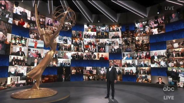 Host Jimmy Kimmel spoke to an empty auditorium while stars of the night sat in their homes with their families, friends and co-stars