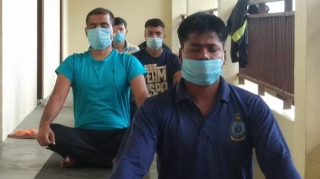 Indian Air Force personnel at a yoga session at Himalayan Mountaineering Institute, Darjeeling. (Himalayan Mountaineering Institute, Darjeeling.) Indian Air Force personnel at a yoga session at Himalayan Mountaineering Institute, Darjeeling. (Himalayan Mountaineering Institute, Darjeeling.)