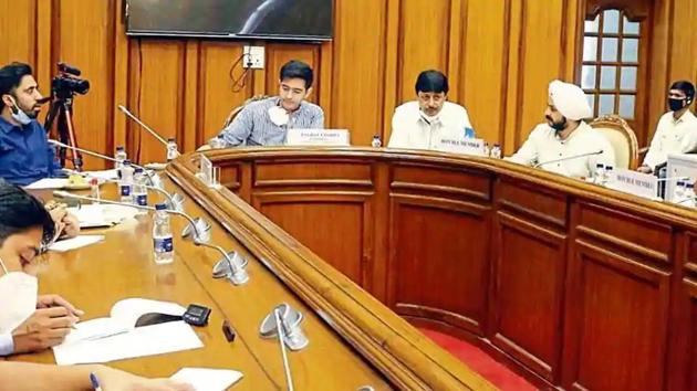 A meeting of Delhi assembly’s peace and harmony committee, headed by AAP MLA Raghav Chadha A meeting of Delhi assembly’s peace and harmony committee, headed by AAP MLA Raghav Chadha