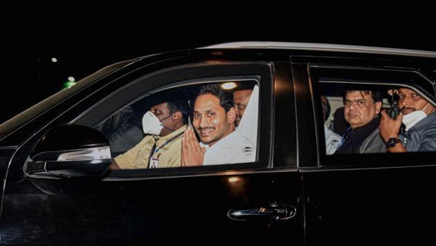 Andhra Pradesh chief minister YS Jagan Mohan Reddy leaves after meeting Home Minister Amit Shah in New Delhi on Tuesday.(PTI PHOTO.)