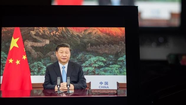 Xi Jinping, China's president, speaks during the United Nations General Assembly seen on a laptop computer in Hastings on the Hudson, New York, U.S., on Tuesday, Sept. 22. 2020.(Bloomberg photo)