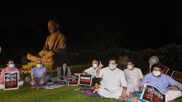 Derek O'Brien of the Trinamool Congress and other opposition parties members stage a protest over their suspension during ongoing monsoon session of Parliament in New Delhi.(PTI Photo)