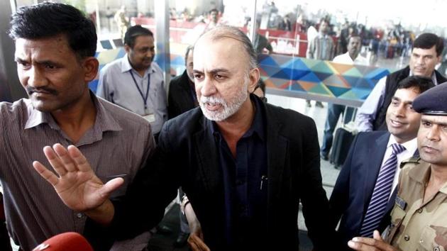 Tarun Tejpal, founder and editor-in-chief of Tehelka, speaks with the media at the airport on his way to Goa, in New Delhi (Reuters).