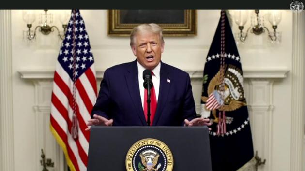 In this image made from UNTV video, United States President Donald Trump speaks in a pre-recorded message which was played during the 75th session of the United Nations General Assembly on Tuesday.(AP Photo)