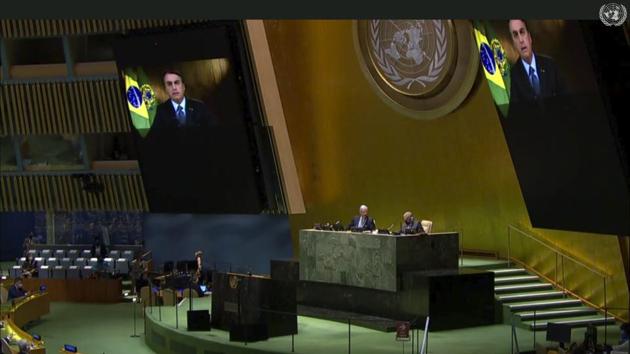 In this image made from UNTV, Brazilian President Jair Bolsonaro, top, speaks in a pre-recorded message being played during the 75th session of the United Nations General Assembly on Tuesday.(AP Photo) In this image made from UNTV, Brazilian President Jair Bolsonaro, top, speaks in a pre-recorded message being played during the 75th session of the United Nations General Assembly on Tuesday.(AP Photo)