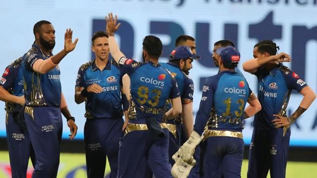 Mumbai Indians players celebrate a wicket against Kolkata Knight Riders. (IPL/Twitter)