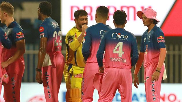 IPL 2020: MS Dhoni with the Rajasthan Royals players after CSK lost the match. (IPL/Twitter) IPL 2020: MS Dhoni with the Rajasthan Royals players after CSK lost the match. (IPL/Twitter)