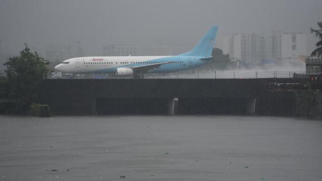 An aircraft waits for take off instructions amid heavy rainfall at the domestic airport on September 23. (Satish Bate / HT Photo) An aircraft waits for take off instructions amid heavy rainfall at the domestic airport on September 23. (Satish Bate / HT Photo)