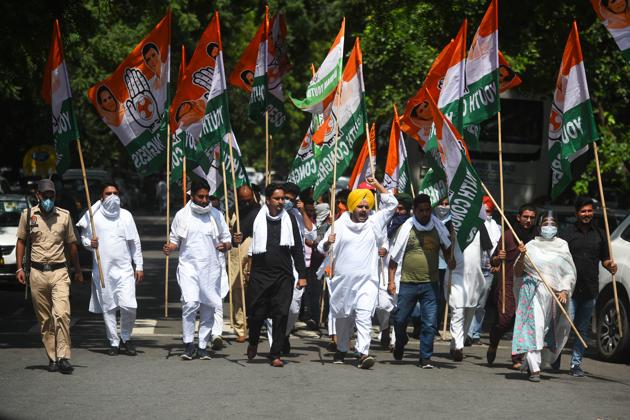 Indian Youth Congress workers had marched towards Parliament during a protest against farm bills on Tuesday as well and were detained.(Amal KS/HTphoto)