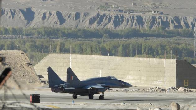 An IAF fighter jet on the runway in Leh district on September 16.(PTI) An IAF fighter jet on the runway in Leh district on September 16.(PTI)