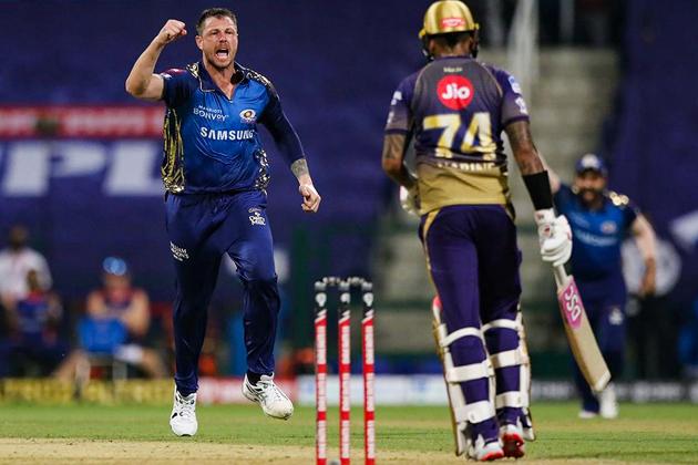Abu Dhabi: Mumbai Indians player James Pattinson celebrates the wicket of Kolkata Knight Riders batsman Sunil Narine during IPL 2020 cricket match, at Sheikh Zayed Stadium, in Abu Dhabi of United Arab Emirates, Wednesday, Sept. 23, 2020. (PTI Photo/Sportzpics)(PTI23-09-2020_000284B) (PTI) Abu Dhabi: Mumbai Indians player James Pattinson celebrates the wicket of Kolkata Knight Riders batsman Sunil Narine during IPL 2020 cricket match, at Sheikh Zayed Stadium, in Abu Dhabi of United Arab Emirates, Wednesday, Sept. 23, 2020. (PTI Photo/Sportzpics)(PTI23-09-2020_000284B) (PTI)
