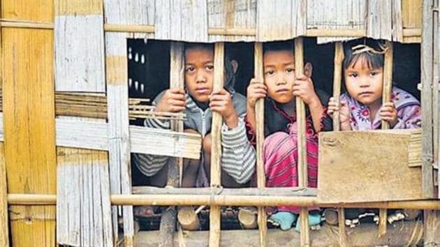 Thousands of Bru tribals, who took refuge in Tripura in 1997 following ethnic violence in Mizoram, live in camps in Kanchanpur, North Tripura.(HT PHoto)