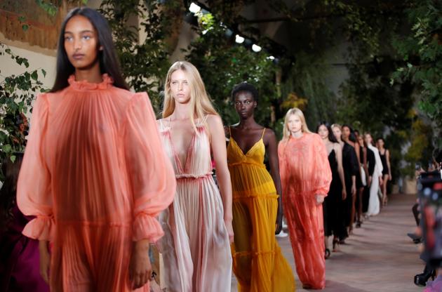 Models present creations from the Alberta Ferretti Spring/Summer 2021 women's collection during fashion week in Milan, Italy, September 23, 2020.  (REUTERS) 
