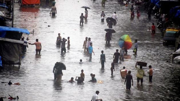 A view of water logging?at Nalbazar, Mumbai, due to heavy rainfall on Wednesday.(ANI)