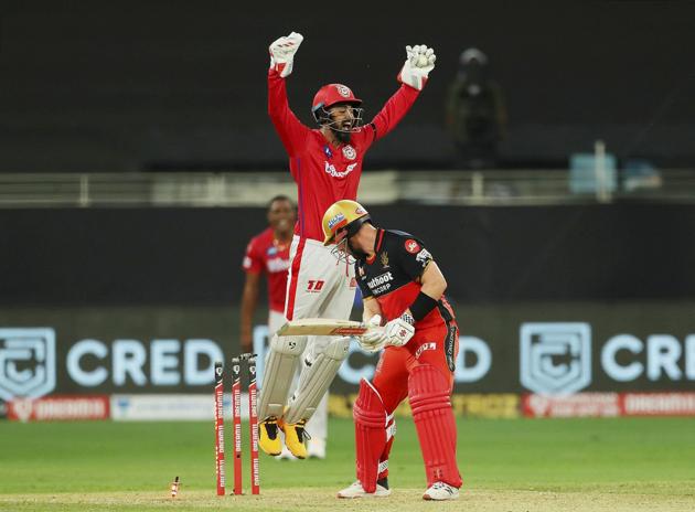 Royal Challengers Bangalore (RCB) batsman Aaron Finch looks on after being dismissed during IPL 2020 cricket match against Kings XI Punjab, at Dubai International Cricket Stadium in Dubai, Thursday, Sept. 24, 2020. (PTI Photo/Sportzpics)(PTI24-09-2020_000239B) (PTI)