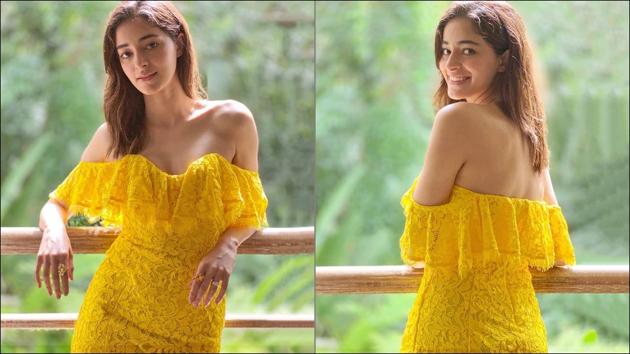 Ananya Panday’s <span class='webrupee'>₹</span>16k yellow off-shoulder dress makes heads turn at Khaali Peeli promotions(Instagram/tanghavri) Ananya Panday’s <span class='webrupee'>₹</span>16k yellow off-shoulder dress makes heads turn at Khaali Peeli promotions(Instagram/tanghavri)