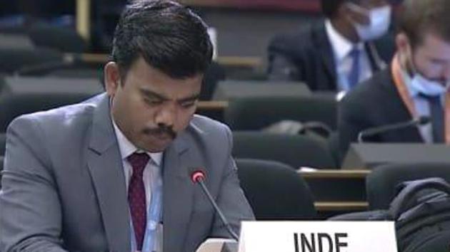 Senthil Kumar, first secretary Permanent Mission of India, lashed out at Pakistan for failing to protect its minorities.(ANI/Twitter) Senthil Kumar, first secretary Permanent Mission of India, lashed out at Pakistan for failing to protect its minorities.(ANI/Twitter)