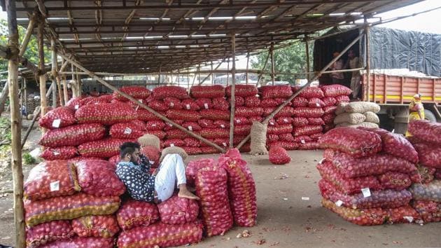 A worker sits with onions at a market in Pune on September 15. The government banned the export of all varieties of onions a day ago. (PTI) A worker sits with onions at a market in Pune on September 15. The government banned the export of all varieties of onions a day ago. (PTI)