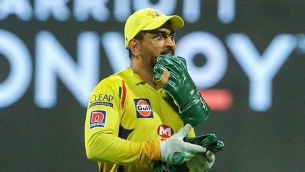 CSK skipper MS Dhoni during the first cricket match of IPL 2020, at Sheikh Zayed Stadium, Abu Dhabi.(PTI)