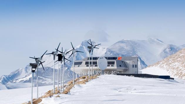 Belgium’s Princess Elisabeth station has the distinction of being the continent’s only zero-emission base. Built in 2009, it runs on wind and solar energy and has on-site water treatment and recycling. (Polar Foundation)
