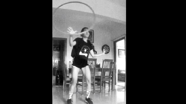 The image shows Samyuktha Hegde dancing with a hoop.(Instagram/@samyuktha_hegde) The image shows Samyuktha Hegde dancing with a hoop.(Instagram/@samyuktha_hegde)