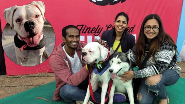 (From left) Sadaf Chowdhary and her sister Mansi Grover, with their dog Frappé (inset) at the Delhi Pet Federation, 2018 with B Prashant Kumar, the prospective dog godparent