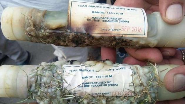 The expired tear gas shells, which the protesters alleged were used on them during the protest in Charkhi Dadri.(HT Photo)