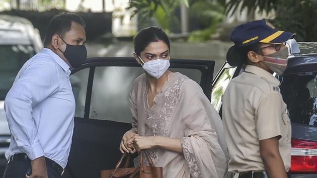 Bollywood actor Deepika Padukone arrives at the Narcotics Control Bureau (NCB) office for questioning in a drug case related to Sushant Singh Rajput's death in Mumbai.(PTI Photo)