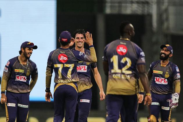 Abu Dhabi: Pat Cummins of Kolkata Knight Riders celebrates the wicket of Jonny Bairstow of Sunrisers Hyderabad during their Indian Premier League 2020 cricket match at the Sheikh Zayed Stadium, Abu Dhabi, Saturday, Sept. 26,2020. (PTI Photo/Sportzpics for BCCI) (PTI26-09-2020_000155B) (PTI)
