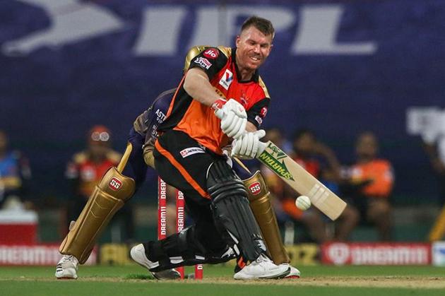 Abu Dhabi: Skipper David Warner of Sunrisers Hyderabad plays a shot during Indian Premier League 2020 cricket match against Kolkata Knight Riders at the Sheikh Zayed Stadium, Abu Dhabi, Saturday, Sept. 26,2020. (PTI Photo/Sportzpics for BCCI) (PTI26-09-2020_000156B) (PTI)