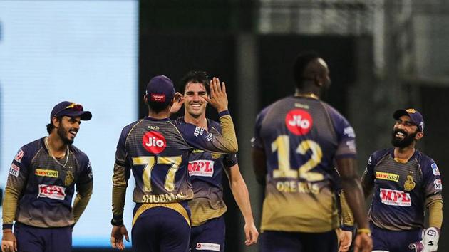 Abu Dhabi: Pat Cummins of Kolkata Knight Riders celebrates the wicket of Jonny Bairstow of Sunrisers Hyderabad during their Indian Premier League 2020 cricket match at the Sheikh Zayed Stadium, Abu Dhabi, Saturday, Sept. 26,2020. (PTI Photo/Sportzpics for BCCI) (PTI26-09-2020_000155B) (PTI)