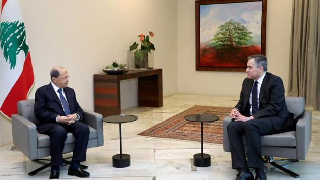 Lebanon's President Michel Aoun meets with Lebanon's Prime Minister-designate Mustapha Adib at the presidential palace in Baabda, Lebanon September 26, 2020.(via REUTERS)