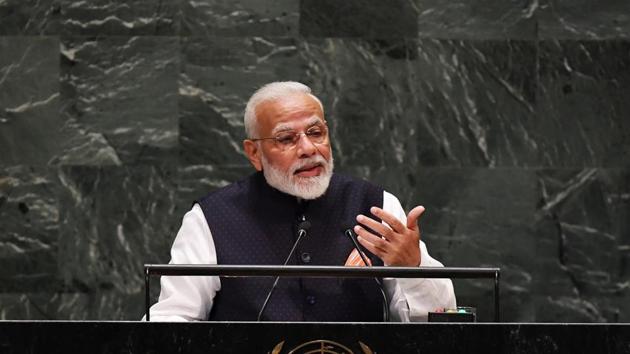 Prime Minister Narendra Modi addressing at the United Nations General Assembly (UNGA), in New York, USA on September 27, 2019.
