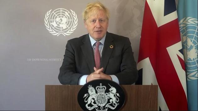 In this photo made from UNTV video, British Prime Minister Boris Johnson speaks in a pre-recorded message which was played during the 75th session of the United Nations General Assembly at UN Headquarters.(AP)