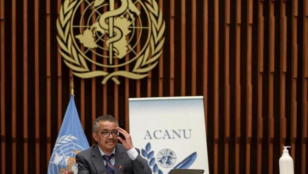 World Health Organization (WHO) Director-General Tedros Adhanom Ghebreyesus attends a news conference organized by Geneva Association of United Nations Correspondents (ACANU) amid the Covid-19 outbreak, at the WHO headquarters in Geneva Switzerland.(REUTERS)