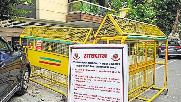 Barricades seen outside a containment zone at Green Park Extension in New Delhi on Thursday(Amal KS/HT Photo/Representative Image)