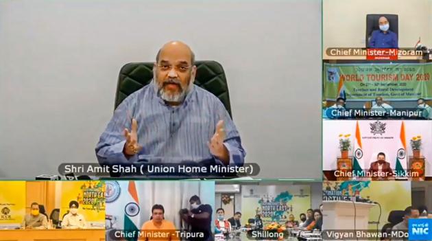 Home minister Amit Shah inaugurates ‘Destination North East 2020’ festival via video conferencing in New Delhi.(PTI PHOTO.)