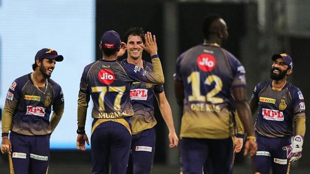 Pat Cummins of Kolkata Knight Riders celebrates the wicket of Jonny Bairstow.(PTI) Pat Cummins of Kolkata Knight Riders celebrates the wicket of Jonny Bairstow.(PTI)