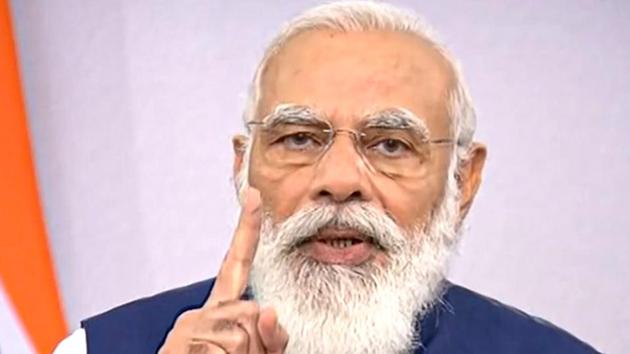 Prime Minister Narendra Modi virtually addressing the United Nations General Assembly from New Delhi on Saturday.(PTI Photo) Prime Minister Narendra Modi virtually addressing the United Nations General Assembly from New Delhi on Saturday.(PTI Photo)