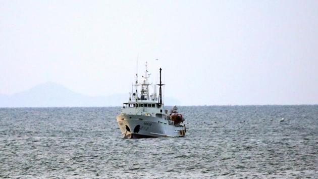 South Korea's government ship for a fishery guidance is seen near Yeonpyeong island, South Korea on Saturday.(AP Photo)
