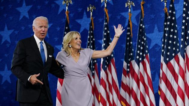 Jill Biden and Democratic presidential nominee Joe Biden at the Chase Center in Wilmington, Delaware on August 20. Polls have Joe Biden leading overall across the country, but the true outcome rests on the US Electoral College. There are 538 electors with each state’s proportion roughly the size of its population. Most states vote one way or another. Close contest remains in certain swing states, where the fate of the polls is often decided. (Oliver Douliery / AFP) Jill Biden and Democratic presidential nominee Joe Biden at the Chase Center in Wilmington, Delaware on August 20. Polls have Joe Biden leading overall across the country, but the true outcome rests on the US Electoral College. There are 538 electors with each state’s proportion roughly the size of its population. Most states vote one way or another. Close contest remains in certain swing states, where the fate of the polls is often decided. (Oliver Douliery / AFP)