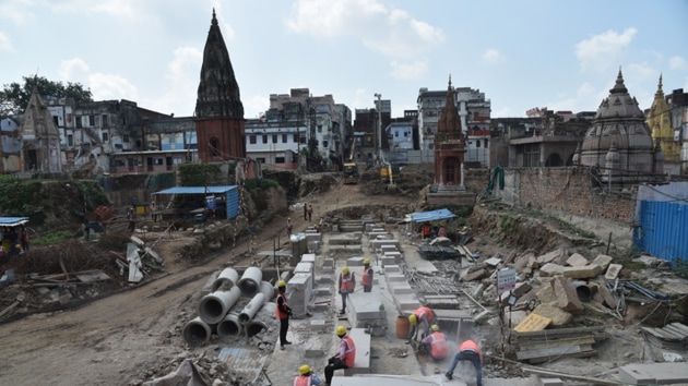 Construction work at the Kashi Vishwanath Corridor site in Varanasi.(HT PHOTO)